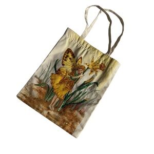Fairy Print Beaded Mini Canvas Tote Bag Purse Butterfly‎ Wings Garden Flowers